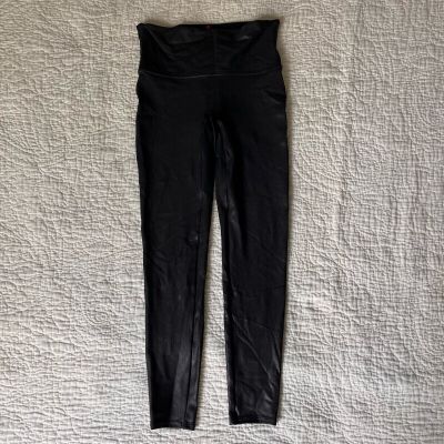 Spanx Womens Leggings Black Faux Leather Stretch High Waisted Shiny Size Large