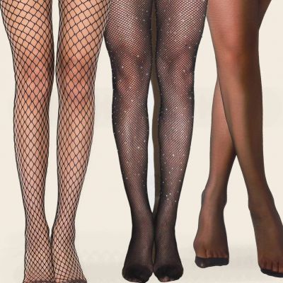 3pairs 1 Rhinestone 1 Fishnet 1 Mesh High Waist Stockings Black Pantyhose