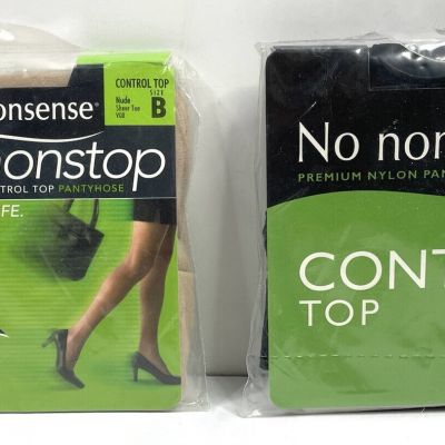 2 Pair No Nonsense Control Top Pantyhose Nude Black Size B Stockings Sheer Toe