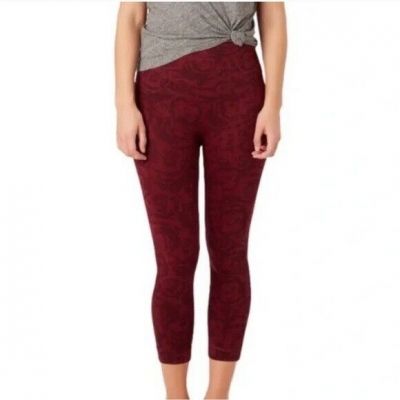 Spanx cropped maroon burgundy garnet rose print high rise stretchy knit leggings