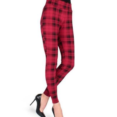 MeMoi Gaban Tartan Shaping Legging Red Black Plaid Fashion Leggings L/XL NWT$59