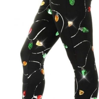 Tipsy Elves Shiny Sequin High waisted Christmas Lights Black Leggings, sz XXL