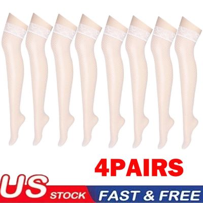 4Pair White Women Stockings Lace Mesh High Thigh Fishnet Sexy Long Pantyhose USA