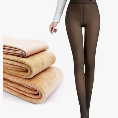 Fleece Lined  Women Sheer Fake Translucent Winter Thermal Pantyhose Black S/M