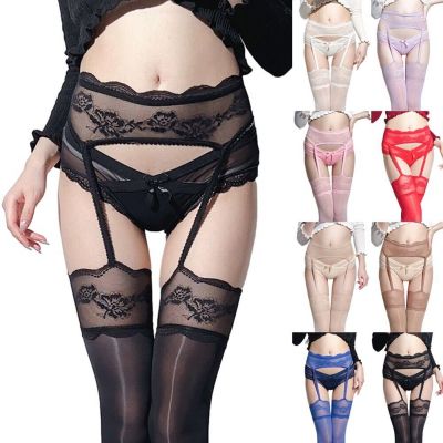 Women's Glossy Lace Thigh High Stockings with Garter Belt Set Sexy Oil Shiny