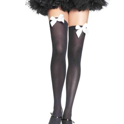 Leg Avenue 6255 Women's Black Opaque Thigh High with White Satin Bow - One Size