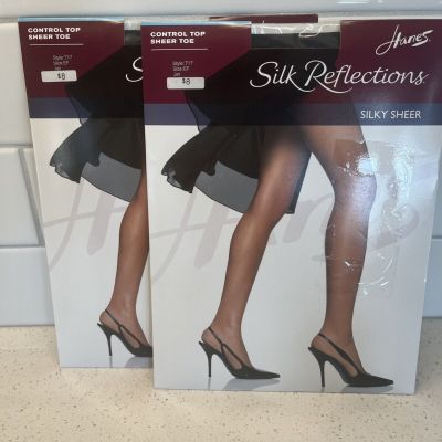 2 pair Hanes Silk Reflections Silky Sheer Control Top 717 Sheer toe EF Jet