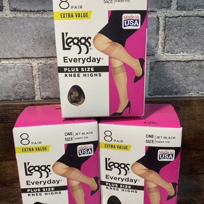 3 L'eggs Everyday Plus Size Knee Highs 8 Pair One Size Jet Black Sheer Toe