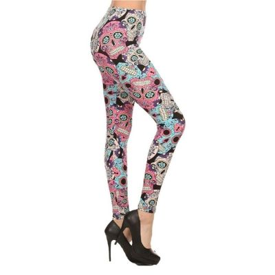 Plus Size Womens Buttery Soft Floral Petal Sugar Skull Leggings