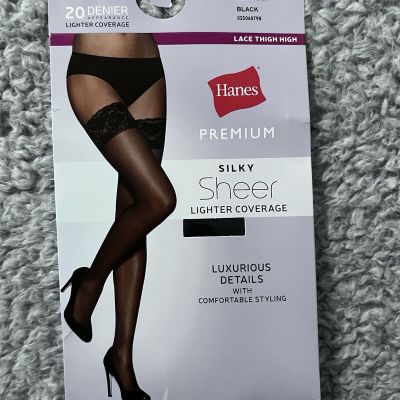 Hanes Premium Womens Size L Black/20 Denier Silky Sheer Lace Thigh High Tights