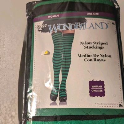 Wonderland Nylon Striped Stockings, Green & Black, Woman One Size, New Sealed