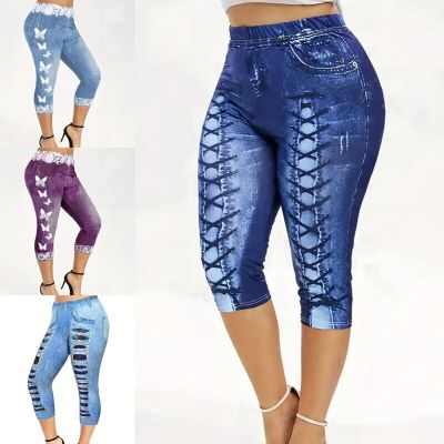 Women Plus Size Capri Leggings Butterfly Print Oversized Faux Denim Capris