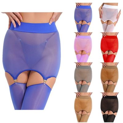 Womens Mini Skirt With Garter Clips Solid Color Thigh-High Stockings Sexy Silky