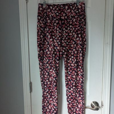 Women's T by Talbots Leggings, Blue w Red  Flowers, UPF 50+, Pockets, Size M,