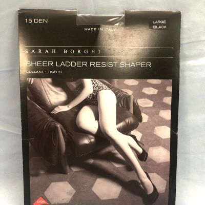 NWT SARAH BORGHI Black SHEER 15 DEN Silk Gusset FLAT SEAMS Shaper Tights Sz L