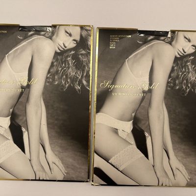 2 New Victoria's Secret Sheer Seduction Stockings Signature Gold Black Size C