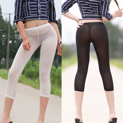 Women Leggings Cropped Pants Daily Sports See Through Shorts Solid Thin