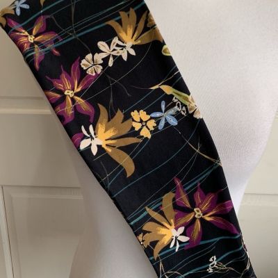 Lularoe Leggings OS Mustard Yellow Brown Magenta Flowers Stripes On Black VTG