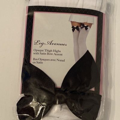 NEW Leg Avenue White Opaque Thigh Highs With Black Satin Bow - One Size