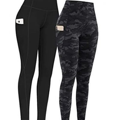 2 Pack High Waist Yoga Pants with Pockets, Tummy X-Small Black & Black Camo