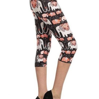 Elephants Printed, High Waisted Capri Leggings In A Fitted Style With An