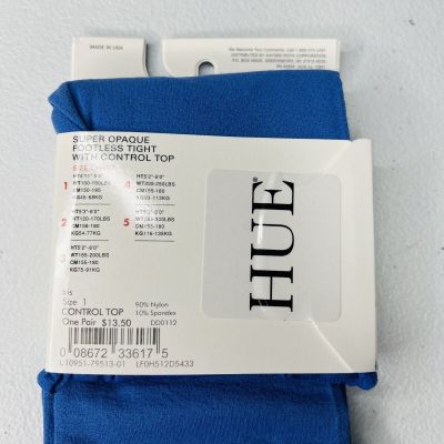 HUE Iris Blue Super Opaque Footless Tights Control Top Womens Size 1 New 1 Pair