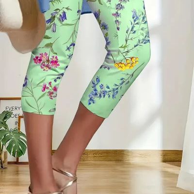 2--Leggings Casual Floral Print Stretch Capri  Summer Pants Trousers-see details