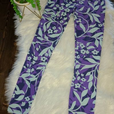 Lularoe Leggings One Size OS  Purple Light Blue Flowers Full Length SoftStretch