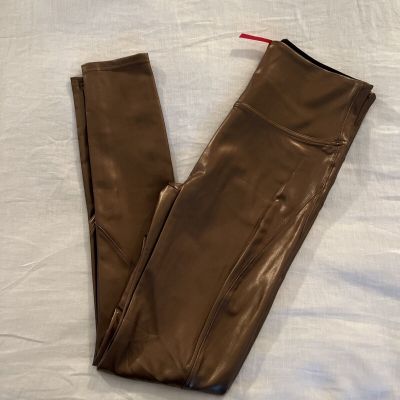 NEW SPANX Faux Leather Leggings Tummy Control Gold Size Medium NWOT
