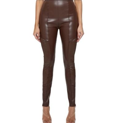 Maniere De Voir Vegan Faux Leather Brown Ribbed Patent Leggings Moto NWT size 12