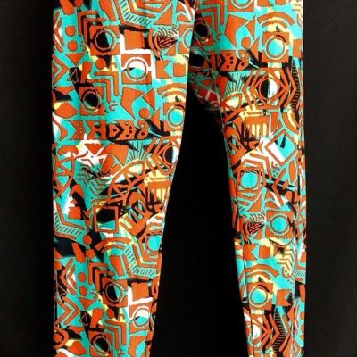 Lularoe TC Tall And Curvy Aztec Geometric Womens Leggings Aqua Orange Yellow