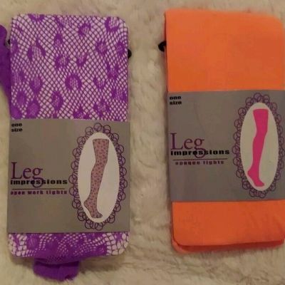 2 pairs - 4’10”-5’9” 100-165 lb Leg Impressions Tights Leopard Print & Neon