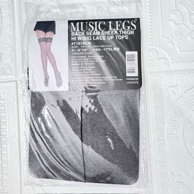MUSIC LEGS Back Seam Sheer Nylon Thigh High STOCKING BLACK Wide Lace Band NEW
