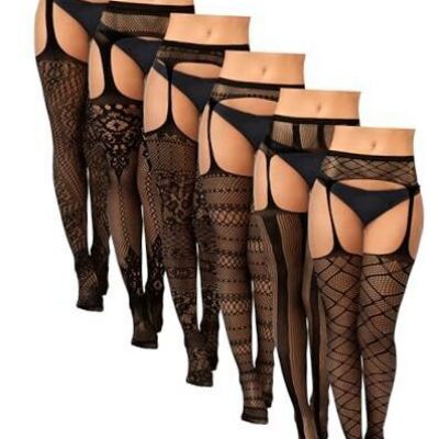 6 Pairs Women Plus Size Thigh High Stockings Suspender One Size Plus Fishnet