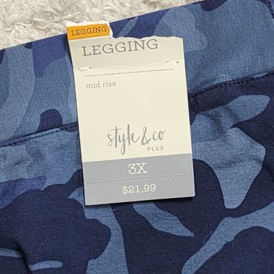 Style & Co Leggings Womens 3X Blue Camo Mid Rise Plus Size Pants Gym Cropped
