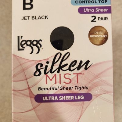 Leggs Silken Mist 2 PAIR Jet Black B Ultra Sheer Leg Control Top Tights 97694