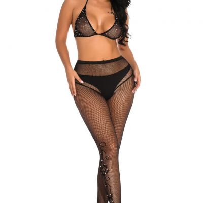 Women's Rhinestone Sexy  Fishnet Stockings and Bra Tights Black