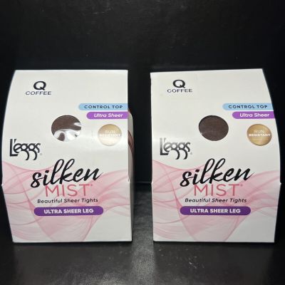 2 L'eggs Silken Mist COFFEE Control Top Ultra Sheer Run Resistant Tights size Q