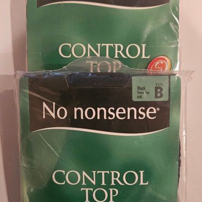 2 Pair No Nonsense Premium Control Top Pantyhose Sheer Toe Black Size B NEW