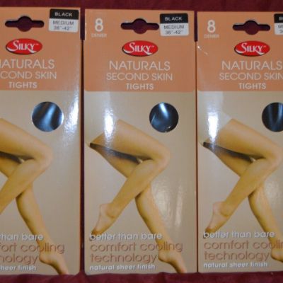 3 Pair Silky Naturals Second Skin Tights Black Medium 8 DEN Sheer Finish (G3)