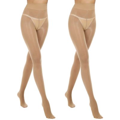 MANZI 2 Pairs Women's Shiny Sheer Tights High Waist Silk Comfort Stockings Oi...