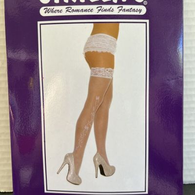 White Sheer Thigh High Stockings with Lace Top and Scroll Pattern Wedding Bride