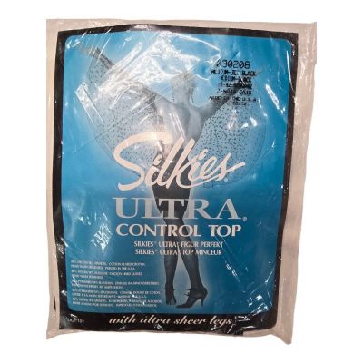 NWT Silkies *Read* Ultra Control Top Black Pantihose Tights 030208 Size M Sheer