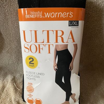 WARNERS ULTRA SOFT FLEECE LINED FOOTLESS TIGHTS 2 PAIRS SIZE L/XL BLACK NO MUFFI