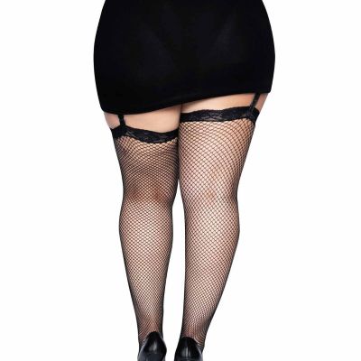 Plus Size Fishnet Thigh High Stockings With Lace Top