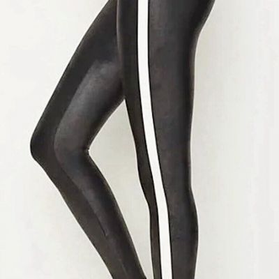 Spanx Womens Tummy Control Faux Leather Leggings With Side Stripes Size Large