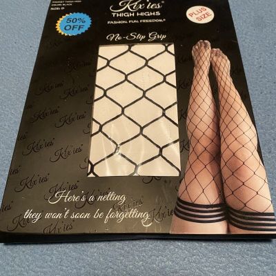 KIX'IES MICHELLE LARGE FISHNET THIGH HIGH STAY UP STOCKINGS SIZE D Black