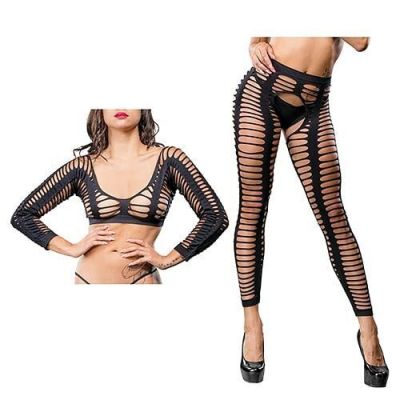 Beverly Hills Naughty Girl Crotchless All Over Straps Mesh Leggings Black O/S