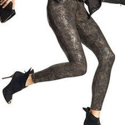 HUE Black Satin Jersey Python Foil Print Leggings Pockets Zip Fly Medium NEW $58