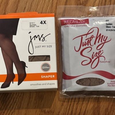 Just My Size JMS Body Shaper Suntan Sheer Toe Pantyhose Size 4x + Regular Pair